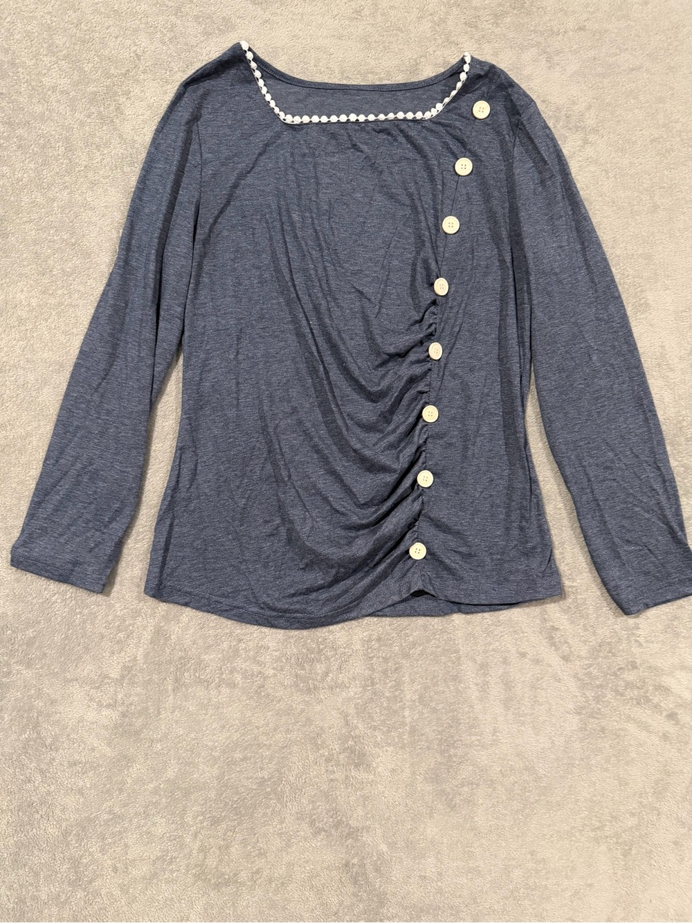 Navy Blue Ruched Button Long Sleeve Top XL Coastal Cottagecore